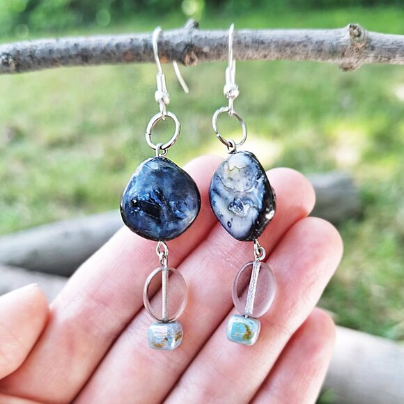 Black Pearl Dangle Earrings – Ocean Inspired Boho Earrings, Coastal Grunge - Picture 3 of 7